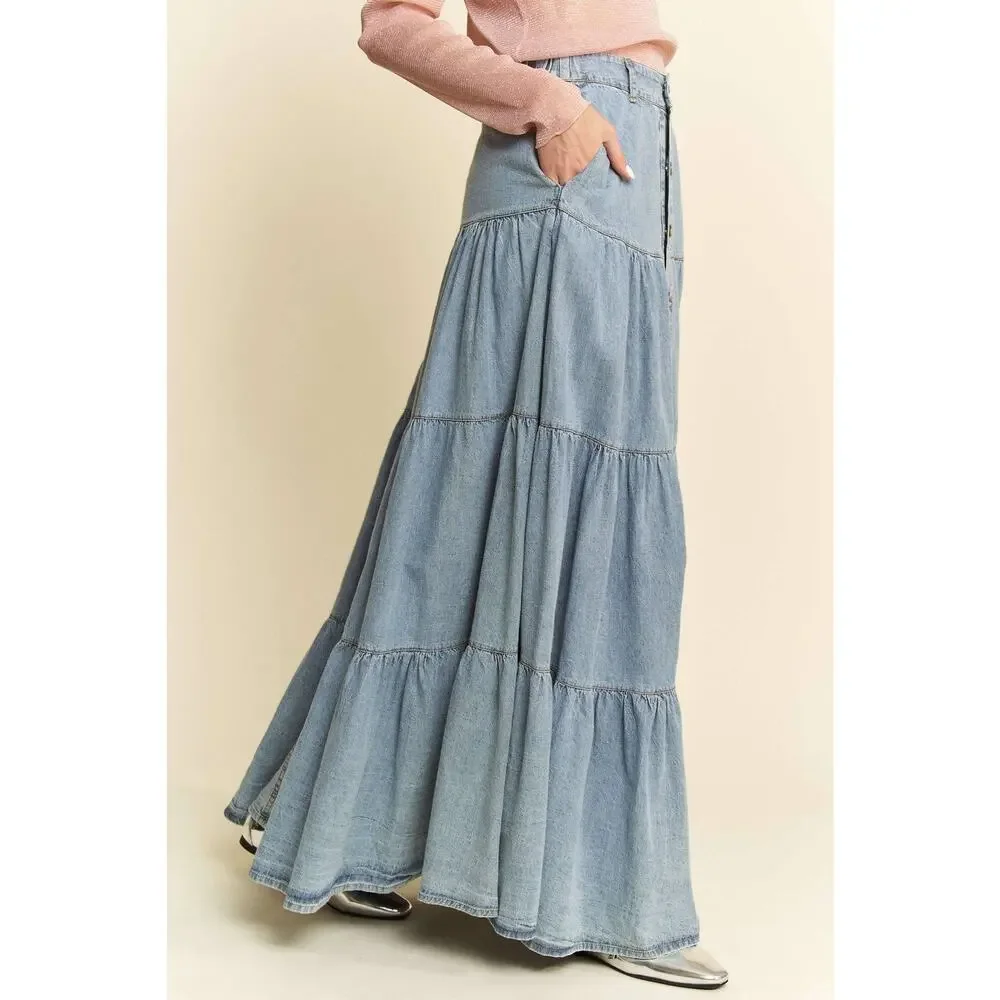 Denim Button-Front Ruffle Hem Maxi Skirt - Picture 4 of 9